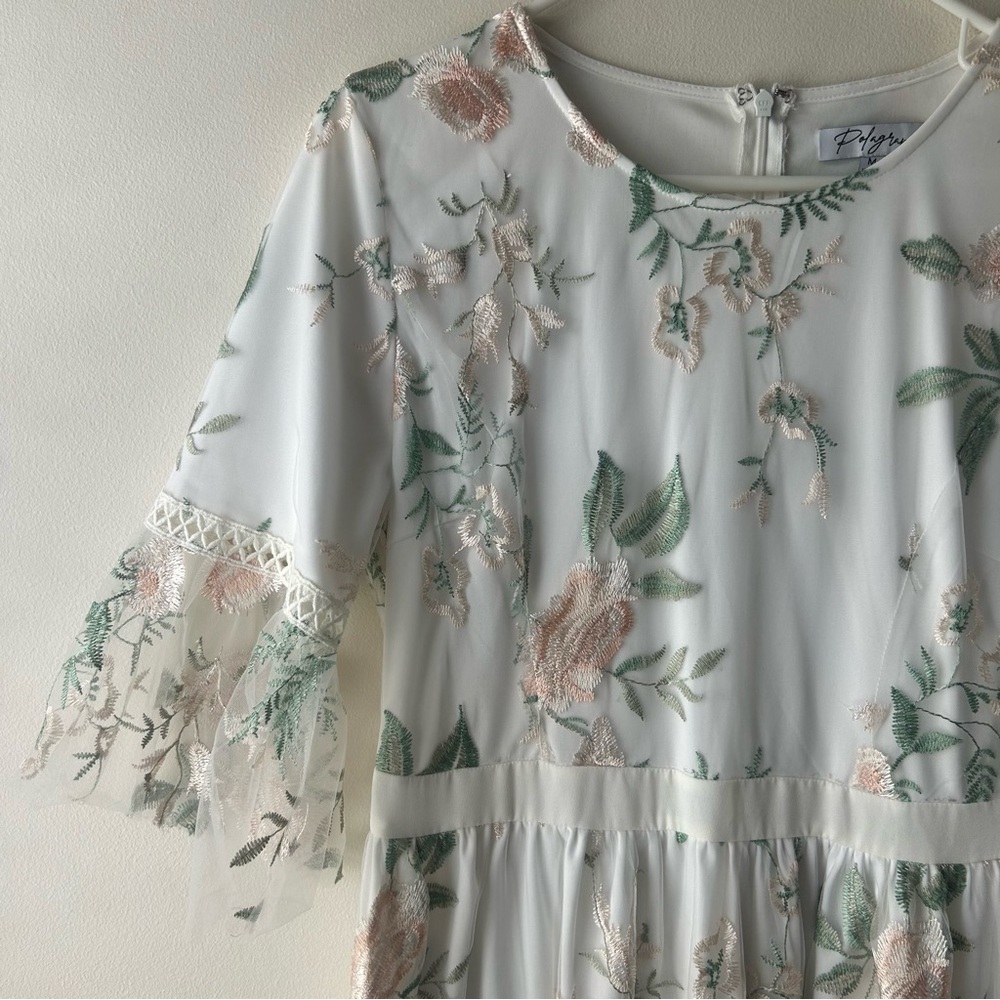 Polagram Floral Appliqué Tulle Midi Dress White Green Pink M - Picture 3 of 12